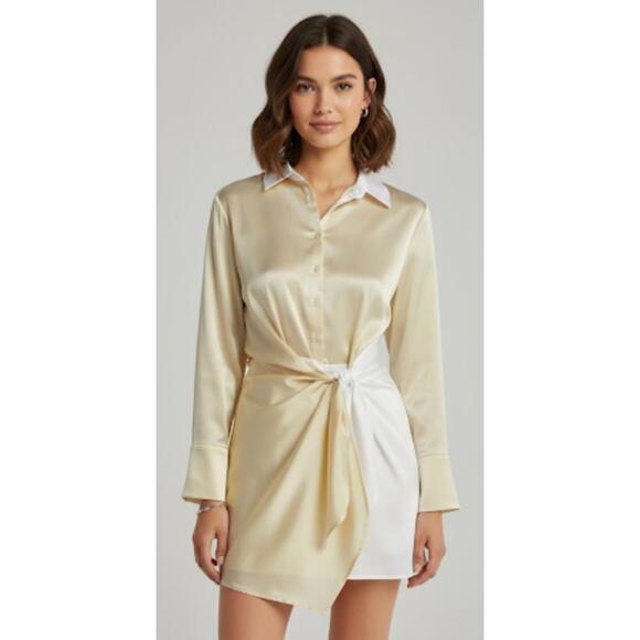 Aqua Satin Two-Tone Tie Front Mini Shirt Dress Feminine Sexy Womens Sz Small NEW - Picture 1 of 10